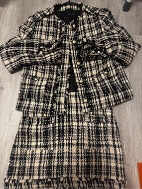 Zara Tweed Jacket and Skirt Matching Black White Set XS